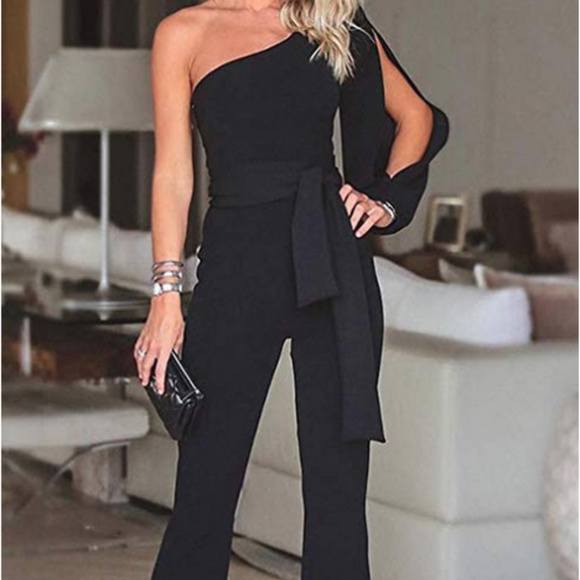 Edgy Couture Pants - Black Off Shoulder Business Suit Jumpsuit Romper Edgy Couture Pants - Black Off Shoulder Business Suit Jumpsuit Romper